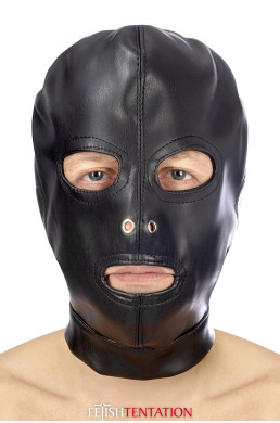Cagoule BDSM 3 ouvertures en simili cuir - Fetish Tentation