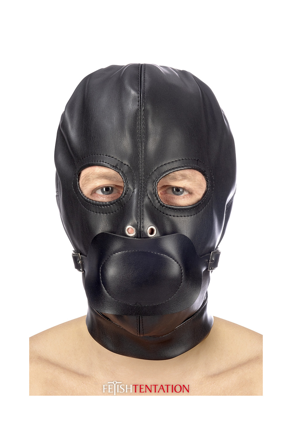 Cagoule BDSM simili cuir avec baillon amovible - Fetish Tentation Cagoule BDSM simili cuir avec baillon amovible - Fetish Tentation