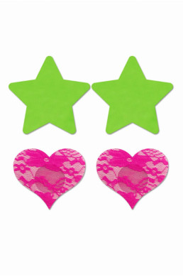 Set caches-tétons étoile vert fluo et coeur rose fluo