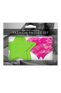 Set caches-tétons étoile vert fluo et coeur rose fluo