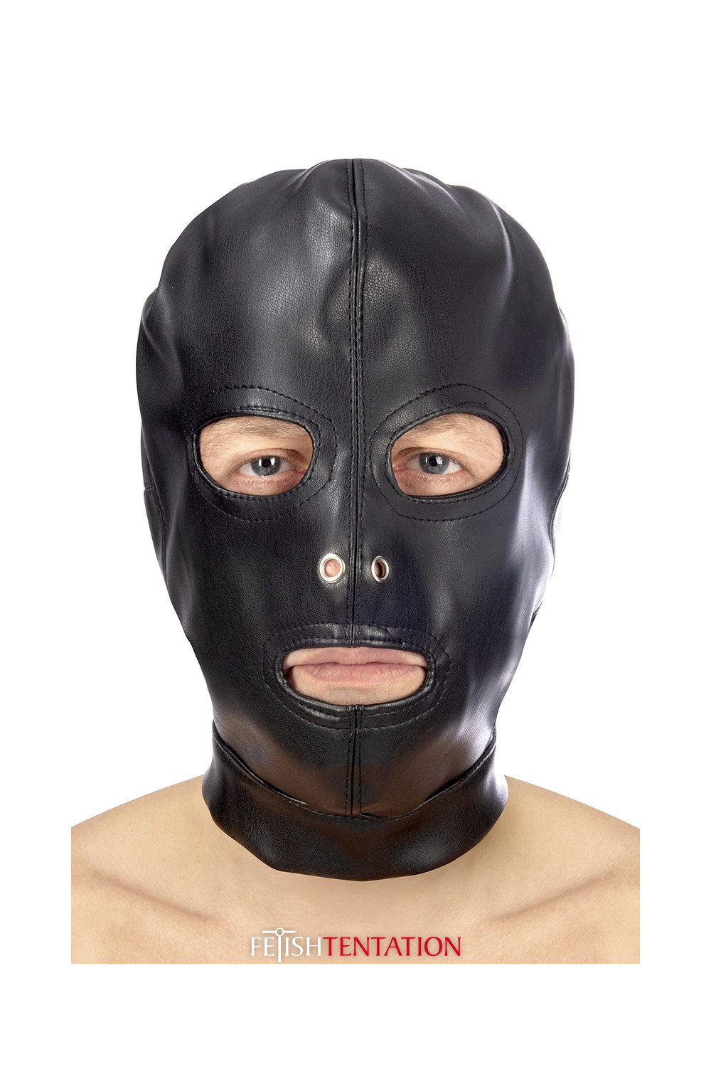 Cagoule BDSM 3 ouvertures en simili cuir - Fetish Tentation