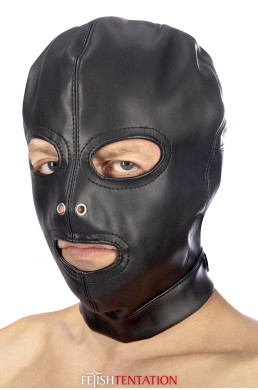 Cagoule BDSM 3 ouvertures en simili cuir - Fetish Tentation