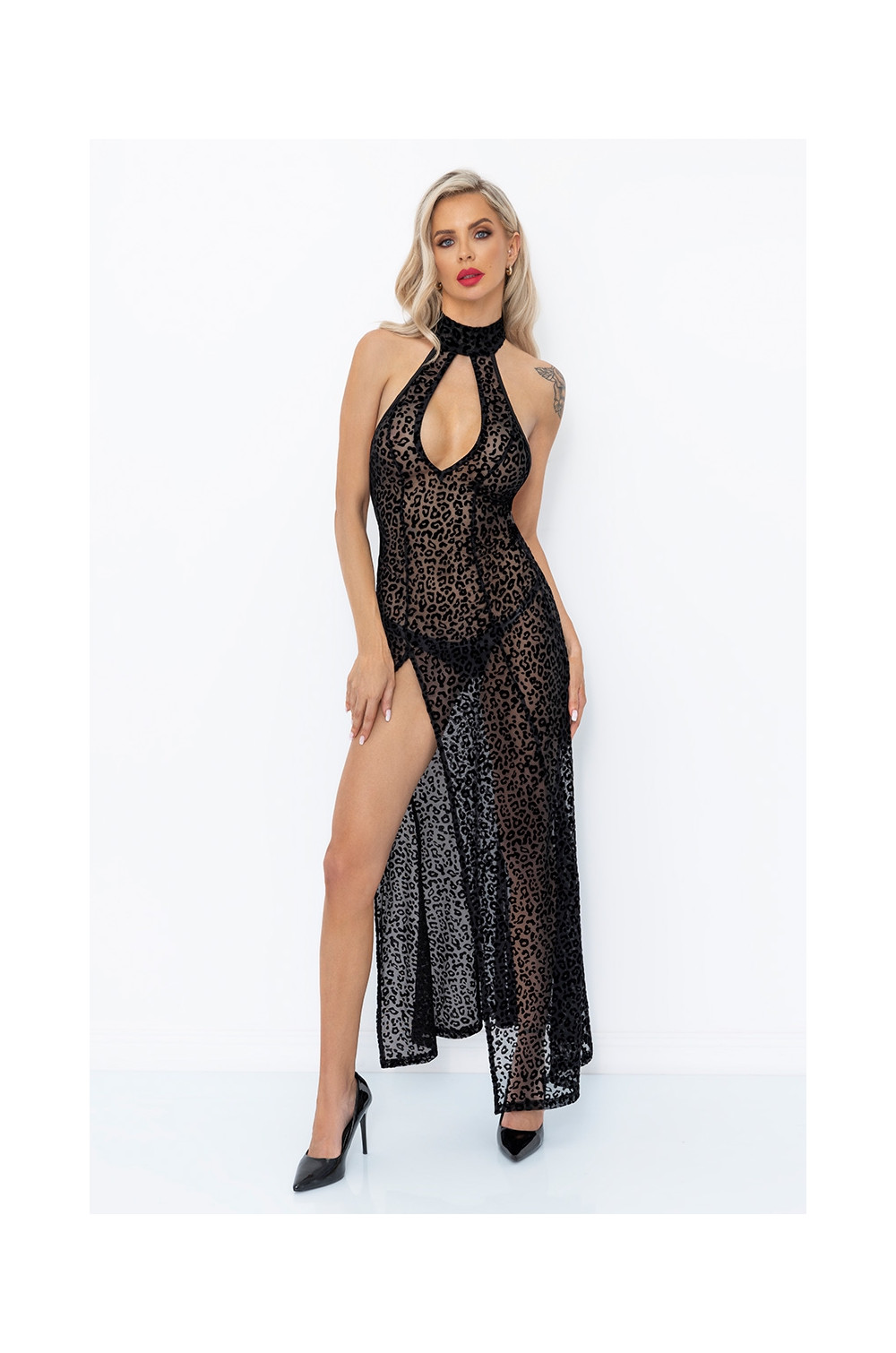 Robe longue fendue en tulle léopard F288