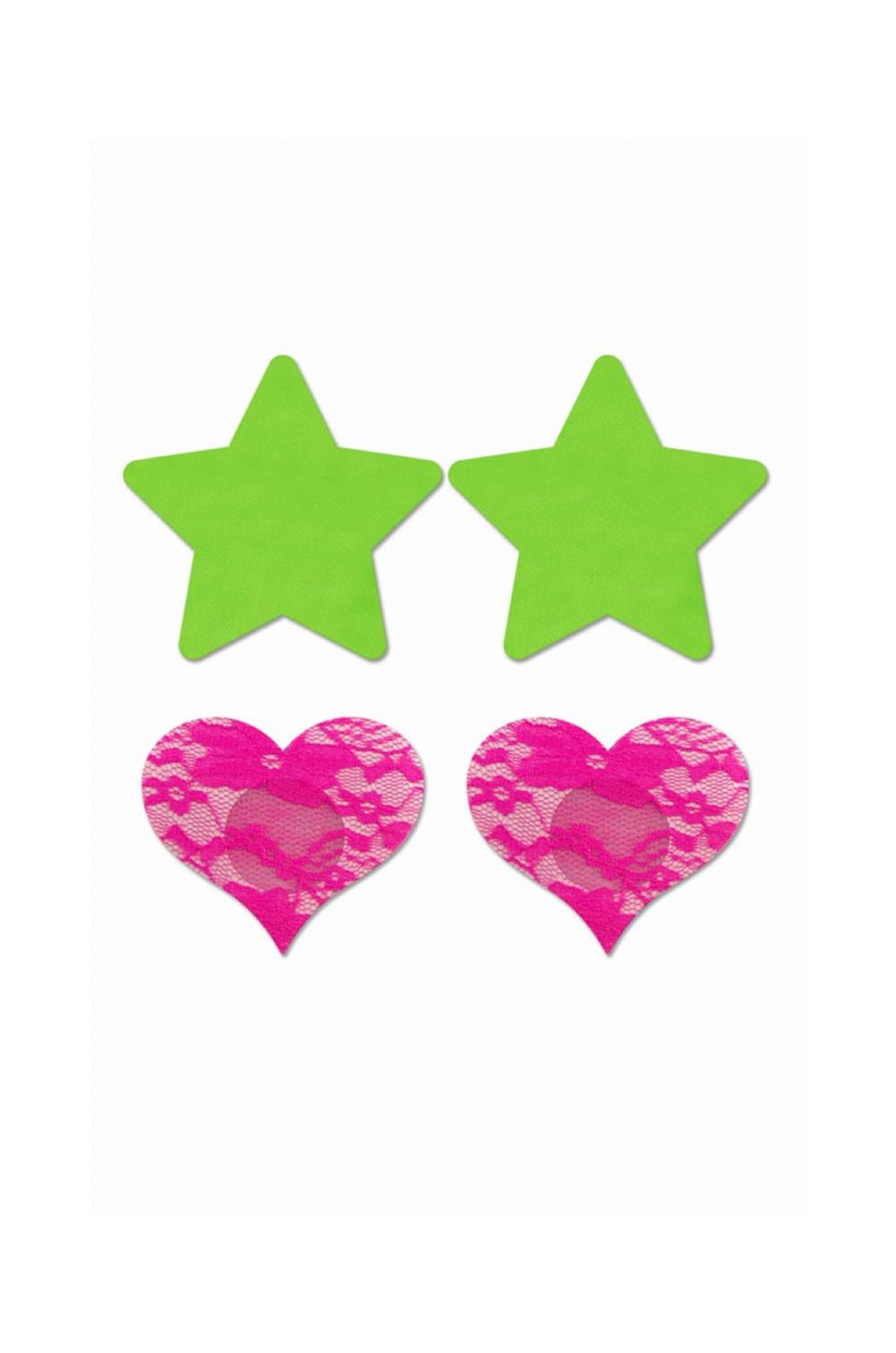 Set caches-tétons étoile vert fluo et coeur rose fluo