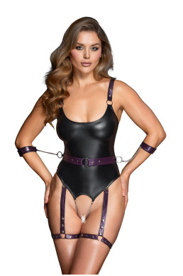 Body à jarretelles ouvert avec menottes - Cottelli Bondage