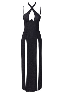 Robe longue à décolleté plongeant noire argentée - Cottelli PARTY 