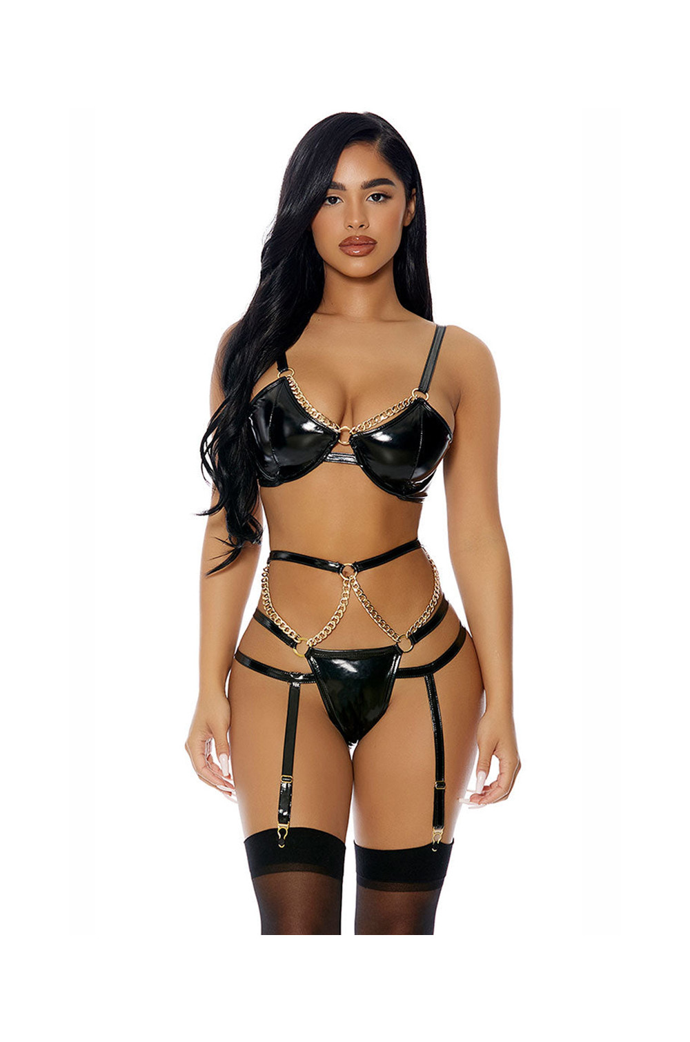 Ensemble 3 pièces à jarretelles en faux cuir - J Lingerie