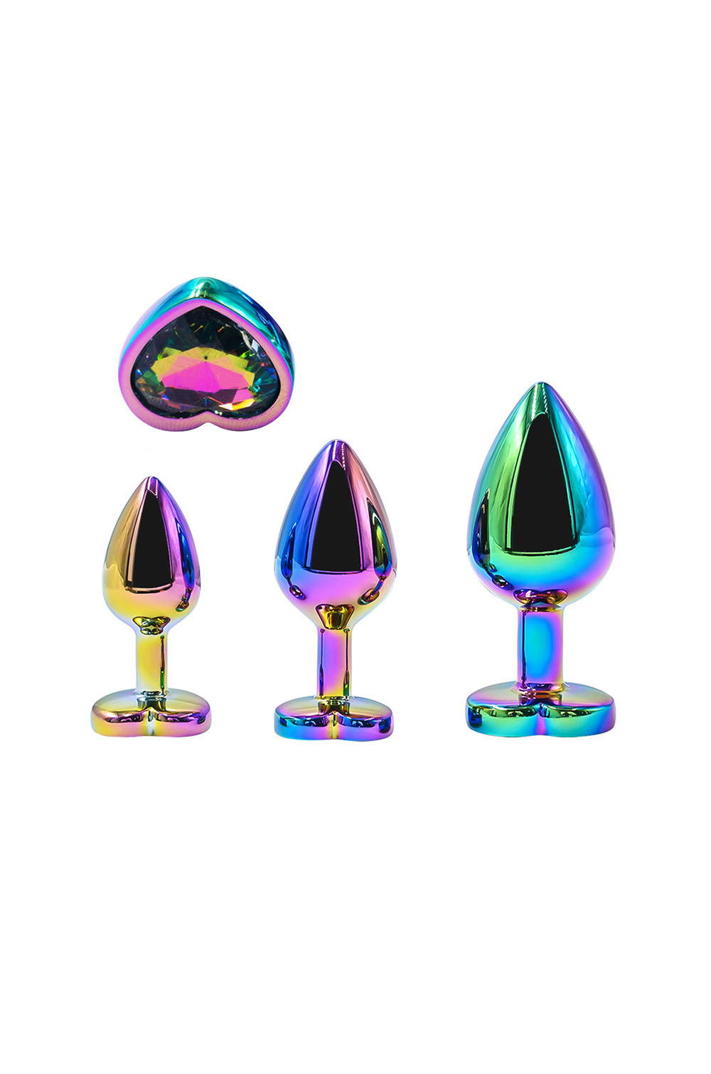 3 plugs coeur Crystal Heart métal arc-en-ciel - DIK