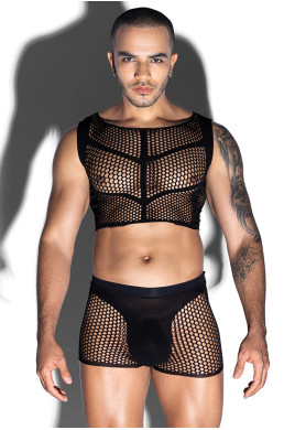 Ensemble top et boxer noir en maille résille - J Lingerie
