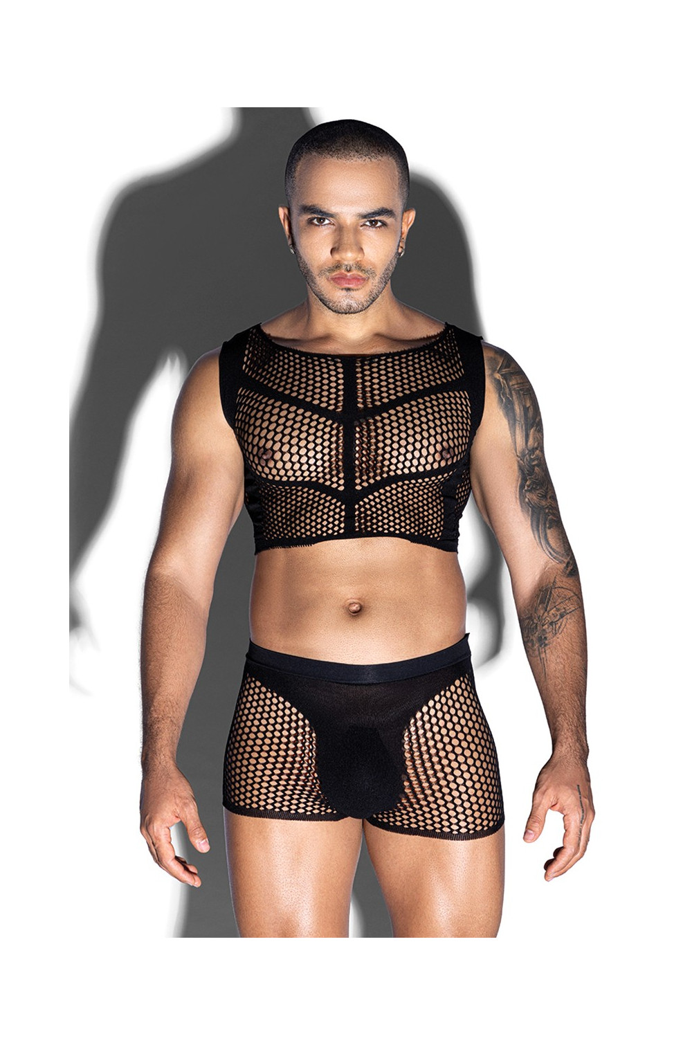 Ensemble top et boxer noir en maille résille - J Lingerie