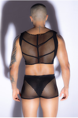 Ensemble top et boxer noir en maille résille - J Lingerie