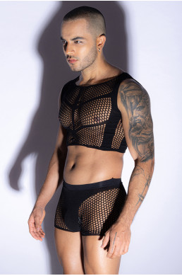Ensemble top et boxer noir en maille résille - J Lingerie