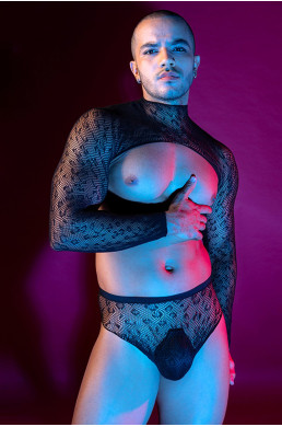 Ensemble top et slip noir en maille résille - J Lingerie